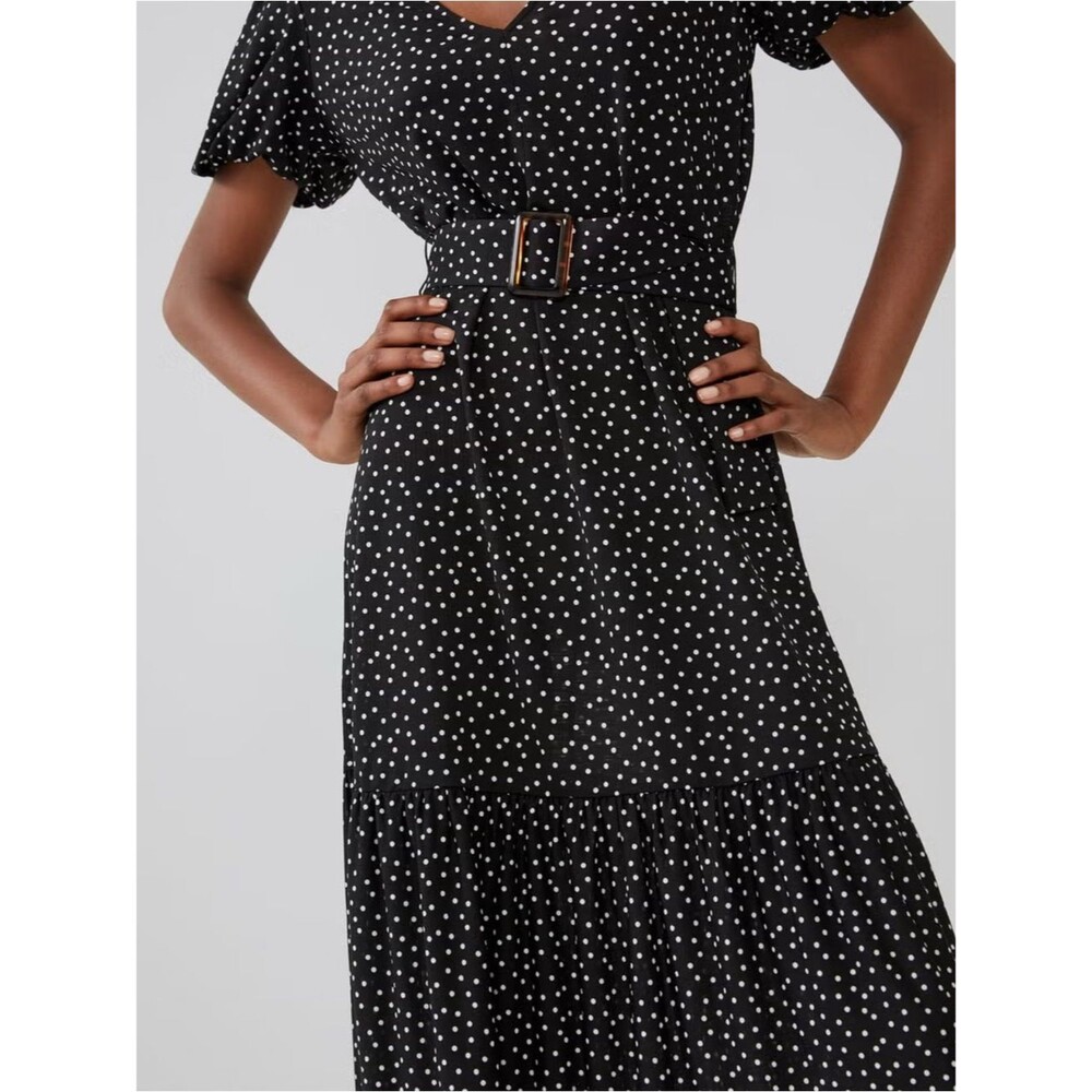 Zara Midi dress with V-neck, short puff sleeves, polka-dot print, and belt sz M - Picture 3 of 13